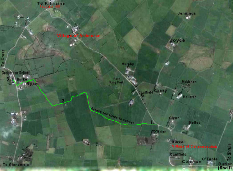 School route Map traces route travelled across fields to school